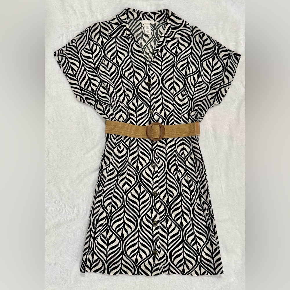 H&M Black and White Leaf Pattern Dress with Tan Belt